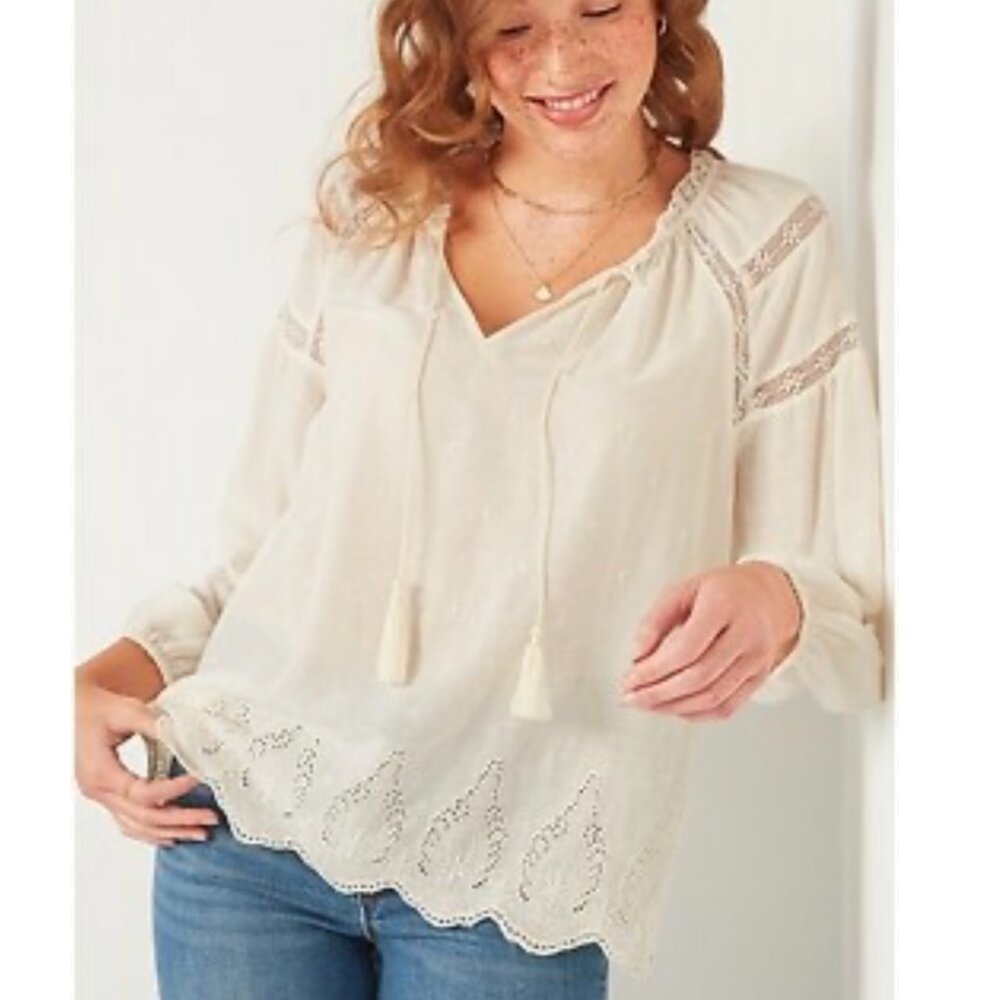 Old Navy Lace-Trim Tie-Neck Poet Blouse Cottagecore White Sz L Peasant Boho